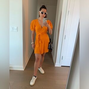 Orange linen wrap mini dress